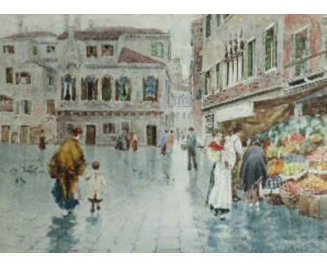 Parini (Early 20th Century Italian) - Watercolour - Town square scene, possibly Venice, with various figures, 21cm x 29cm, si