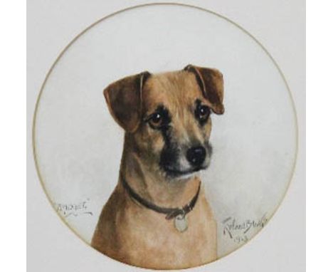 * Reuben Ward Binks (1880-1950) - Watercolour - Portrait of 'Bridget', a Border Terrier, 21.5cm diameter, signed and dated 19