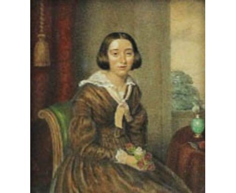 Mid 19th Century School - Watercolour - Portrait of a seated lady holding roses, 16.5cm x 14.5cm, in gilt moulded frame and g