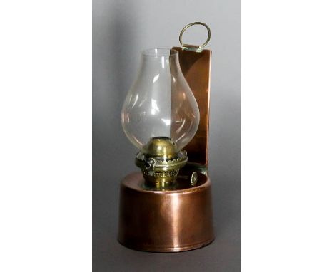 A Victorian copper railway travelling oil lamp, with plain reservoir, 'British Starhinge Burner' by Sherwoods, Birmingham, an