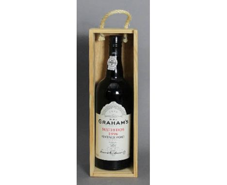 A bottle of W. & J. Graham's Malvedos 1996 Vintage Port, with pine gift box