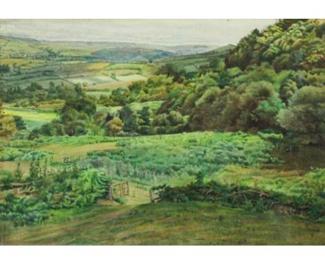 * Winifred Nicholson (1893-1981) - Watercolour - 'Rolling landscape with open farm gate, Charmouth', 33cm x 47cm, unsigned, i