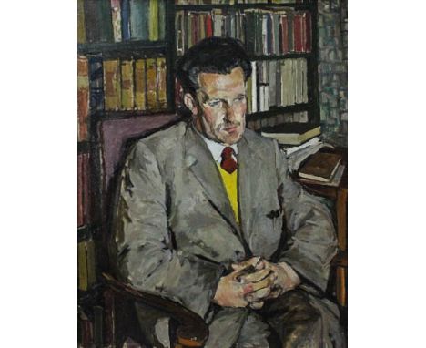 * William S. Cowper (b. 1936) - Oil painting - Portrait of a gentleman in his library, thought to be Wilfrid Atkinson (1914-1