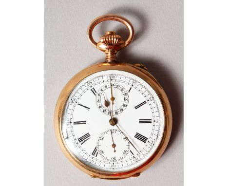 A 19TH CENTURY GOLD CHRONOMETER POCKET WATCH, with subsidiary stopwatch dial and seconds dial, white enamel dial and Roman nu