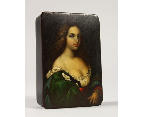 A VERY GOOD STOBWASSER PAPIER MACHE SNUFF BOX, No. 119, the lid painted with a portrait of "Camilla". 9cms long x 6.25cms wid