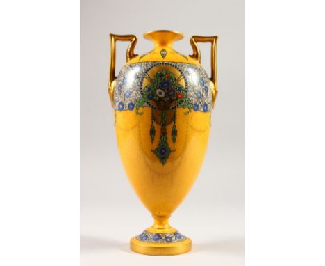 A ROYAL WORCESTER TWO-HANDLED VASE, with yellow ground painted with flowers and garlands. 28cms high.