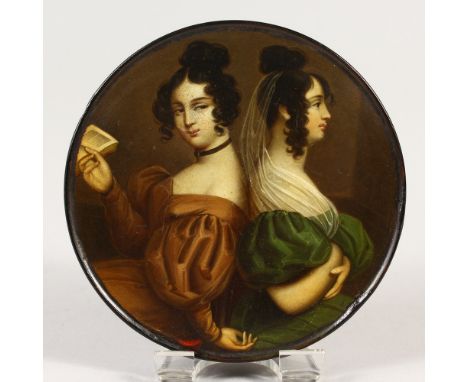 A SUPERB STOBWASSER CIRCULAR PAPIER MACHE BOX AND COVER, No. 101, the lid painted with a double portrait of young ladies sitt