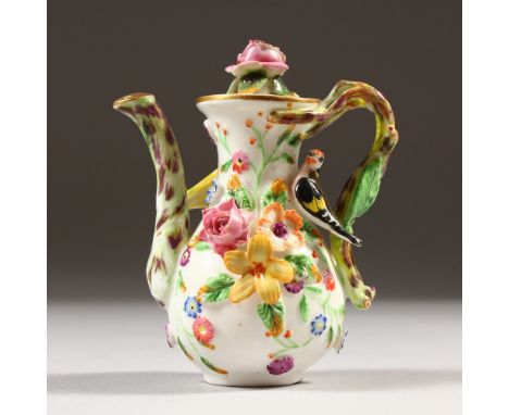 A MINIATURE SPODE FLOWER AND BIRD ENCRUSTED WATERING CAN AND STOPPER, CIRCA. 1830. SPODE Mark in Red, No. 1650. 8cms high.