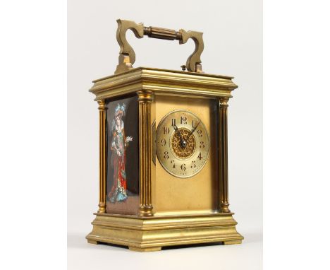 A GOOD 19TH CENTURY FRENCH BRASS CARRIAGE CLOCK, with alarm, the sides with Limoges enamel panels. 15cms high.
