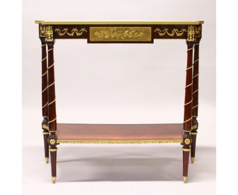 A FRENCH STYLE MAHOGANY AND ORMOLU TWO-TIER SIDE TABLE, with turned column supports. 104cms wide x 92cms high x 40cms deep.