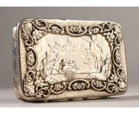 A LARGE COLONIAL SILVER SNUFF BOX, 11.5cms x 7.5cms, the lid repousse with a board room scene, Circa. 1850, by LATTEY BROS &a