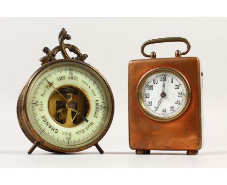 A SMALL CIRCULAR FRENCH BAROMETER, 7cms diameter, and A SMALL CLOCK, in a plated case, 7.5cms high (2).