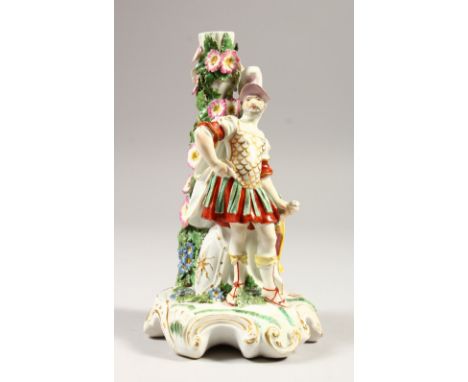 A DERBY PORCELAIN CANDLESTICK FIGURE, "MARS". 21cms high.  AF.  Candle sconce missing.
