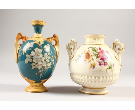 A ROYAL WORCESTER TWO-HANDLED VASE, Pattern No. 1995, painted with reverse panels of flowers, 14cms high, and another TWO-HAN