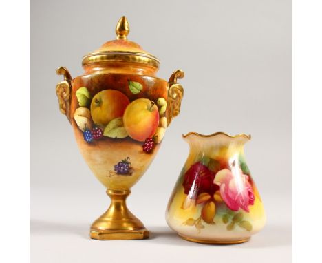 A SMALL COALPORT URN AND COVER, painted with fruit, 17cms high, and A SMALL ROYAL WORCESTER VASE, painted with roses by M. Hu