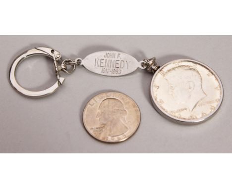 A KENNEDY HALF DOLLAR, QUARTER DOLLAR AND KEY RING.