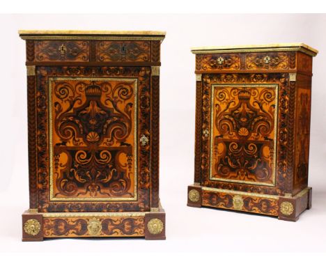 A GOOD PAIR OF 19TH CENTURY MARQUETRY PIER CABINETS, with ormolu mounts, variegated yellow marble tops over a pair of drawers