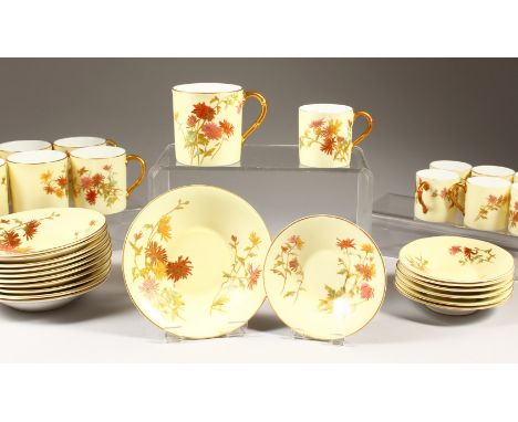 A ROYAL WORCESTER PART TEA AND COFFEE SERVICE, comprising twelve cans, seven smaller cans, eleven large saucers and seven sma