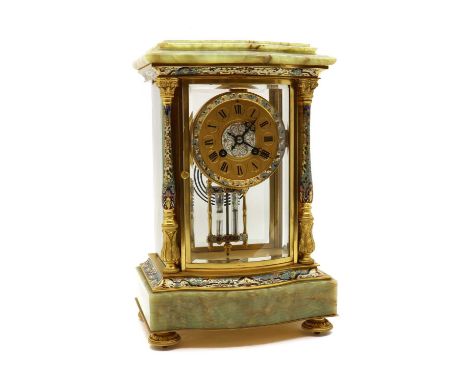 A French Champlevé enamel and onyx mantel clock,late 19th century, the cylinder movement with a gilt dial and roman numerals,