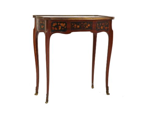 A French transitional style kingwood poudreusec.1900, floral marquetry and parquetry inlaid occasional table, leather lined s