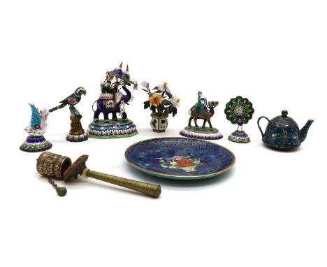 A collection of cloisonné model animals,20th Centuryto include a parrot on a perch and a peacock, parrot 11cm hightogether wi