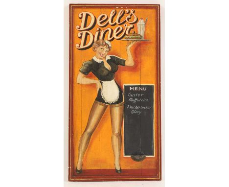 A 'Dell's Diner' menu board,1970s, featuring a waitress holding a knickerbocker glory and chocolate cake, with chalkboard and