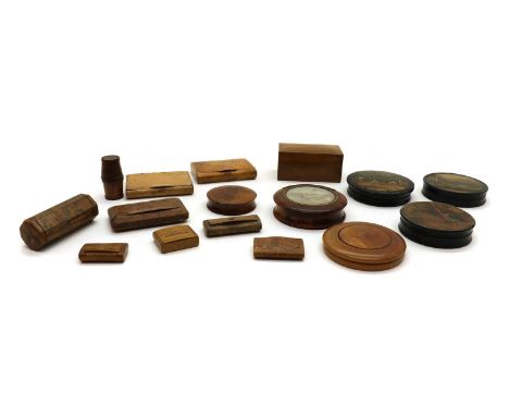 A collection of treen boxes,19th century, snuff boxes, three lacquer patch boxes and a patch box with inset miniature of a ba