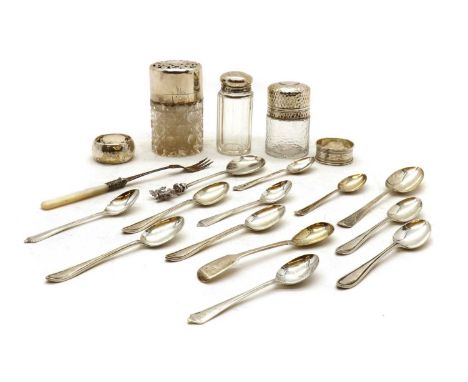 A collection of silver items and flatware,comprising a silver topped salt bottle, with hobnail cut decoration, by Sampson Mor