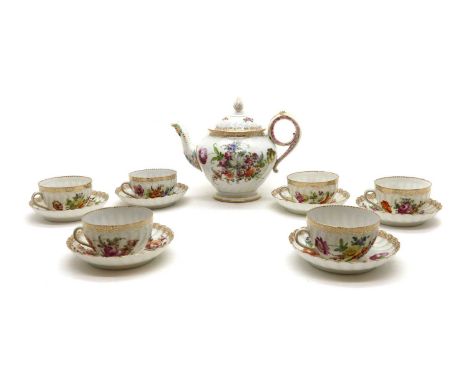 A Dresden porcelain tea service, early 20th century, for six settingsteapot 19cm high saucers 14cm diametercups 9cm diameter 