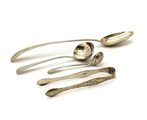 A group of George III silver flatware,comprising a basting spoon, by Hester Bateman, London 1781, Old English pattern, 30cm l