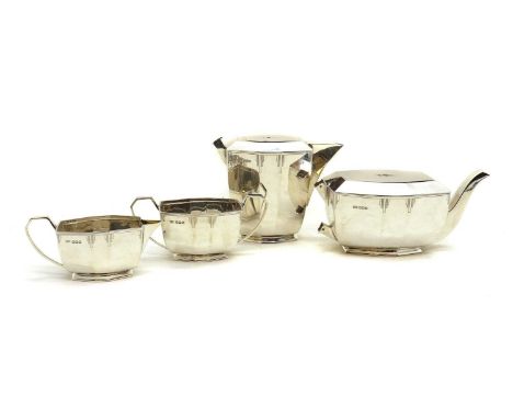 An Art Deco silver four piece tea service,by Viner's Ltd., Sheffield 1940, comprising a hot water jug, 15cm high, teapot, 22c