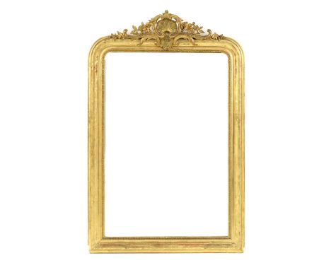 A French gilt framed wall mirror,19th century, the rectangular plate within a beaded frame with carved shell surmount,154 x 1