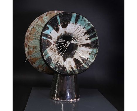 ▴ Kathleen Crozier (1908-2008),abstract ceramic hollow form, 1960s, earthenware with slip glaze and string, unsigned, 28cm wi