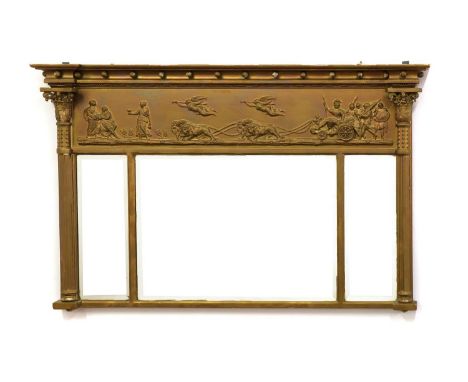 A gilt gesso overmantel mirror,19th century, decorated with figures in relief over three bevelled glass plates,143cm wide90cm