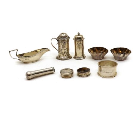A collection of silver items,comprising a bun pepper, Birmingham 1876, together with a Victorian pepperette, London 1891, a p