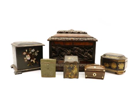 A Continental rosewood tea chest,19th century, with applied moulded decoration, foil-lined with lidded interior, on turned fe