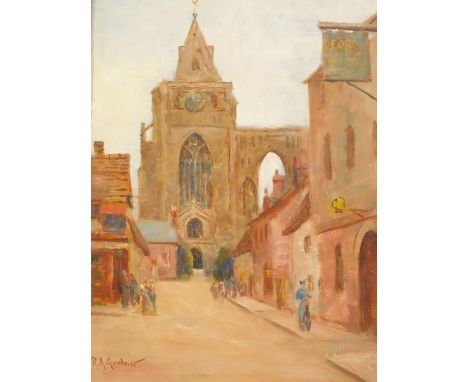 R A Gardner (20thC School). Crowland with the Abbey, signed, oil on board, 38cm x 27cm, in gilt frame. 