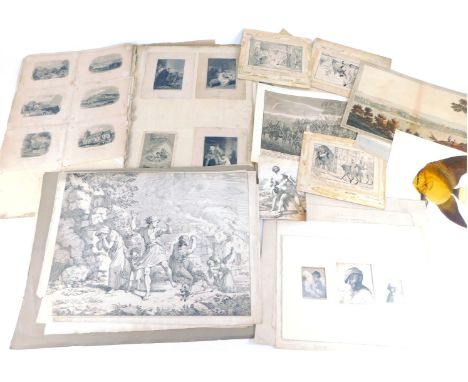 An album containing loose 18th and 19thC engravings, to include The King's Declaration to His Gentry and Army, The English Ci