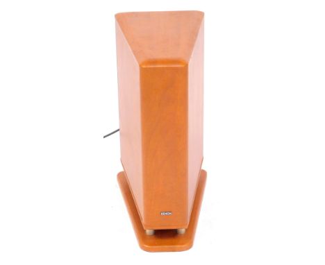 A Denon DSW-3L speaker, serial no 4089745822, triangle shaped in wood effect case, 44cm high, 33cm deep.