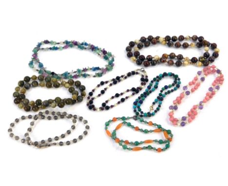 A group of semi precious stone set necklaces, to include jade, agate, amethyst, lapis lazuli, turquoise, and others, with yel