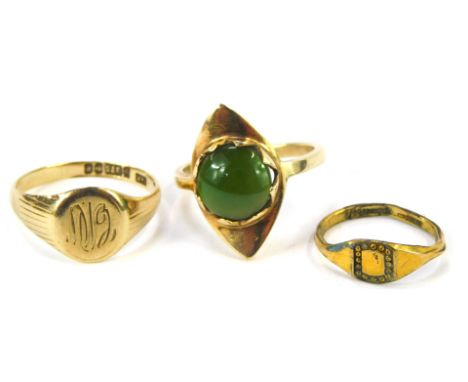 Three dress rings, comprising two 9ct gold signet rings, one with initials CW, and another unmarked, and a 9ct gold and jade 
