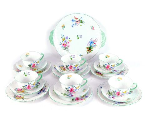 A Shelley Wild Flowers pattern porcelain part tea service, pattern number 13668, comprising bread plate, six cups and saucers