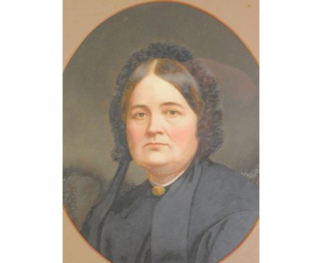 A 19thC over painted print of a lady, in mourning dress, in oval frame, 30cm x 24cm.