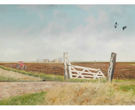 John Caesar Smith (b.1930).  Lincolnshire Fenland landscape, with tractor ploughing the fields and Lapwings in the air, oil o