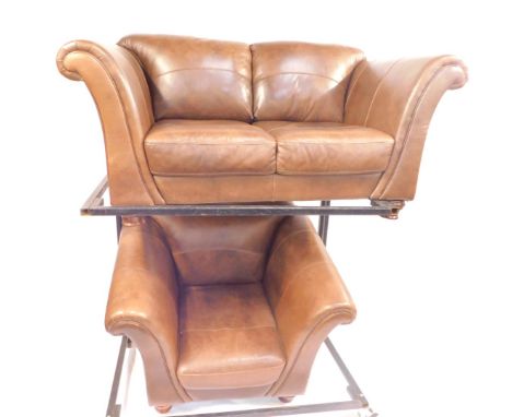 A brown leather two seater sofa, 168cm wide, together with a matching armchair, 113cm wide. (2) 