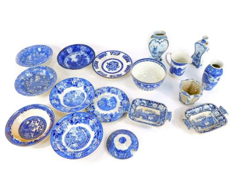 A group of blue and white pottery and porcelain, to include an English blue and white wares, to include Booths Old Willow pat