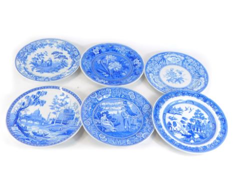 Six Spode The Blue Room Collection cabinet plates, comprising Girl at Well, Botanical, Rome, Floral, Woodman, and Willow, 27c