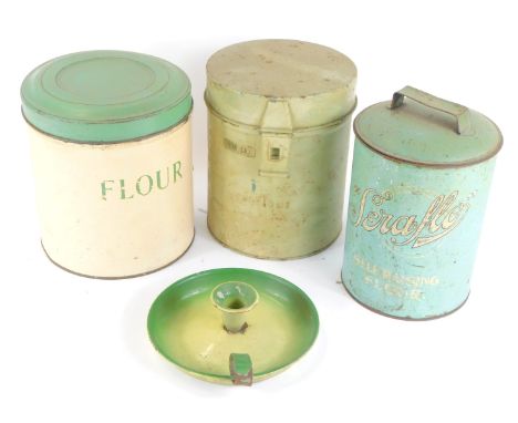 A group of 1920s/30s enamel kitchen wares, comprising a cream and green flower storage jar, 21cm high, a Seraflo self raising