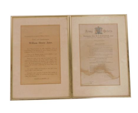 Two Army orders, comprising one appointed to General Sir H S Rawlinson For the Victoa Cross to Corporal Alexander Henry Buckl