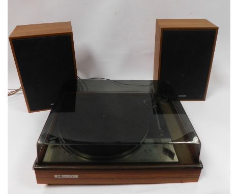 A Goldring Lenco GL75 record player, serial no 120373823, with two Waltham speakers, in a teak case. (AF)